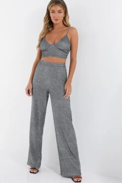 Silver Glitter Palazzo Trousers -Claasyoo Shop 00100035844 XM