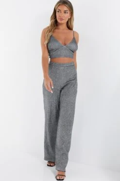 Silver Glitter Palazzo Trousers -Claasyoo Shop 00100035844 XS