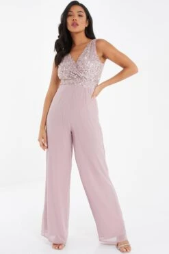 Pink Chiffon Embellished Palazzo Jumpsuit -Claasyoo Shop 00100035924 XM