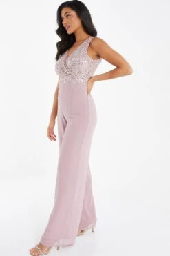 Pink Chiffon Embellished Palazzo Jumpsuit -Claasyoo Shop 00100035924 XS