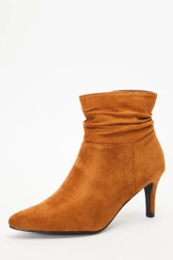 Tan Faux Suede Ruched Heeled Ankle Boots -Claasyoo Shop 00100035971 XB