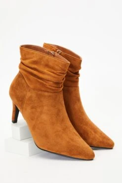 Tan Faux Suede Ruched Heeled Ankle Boots -Claasyoo Shop 00100035971 XS