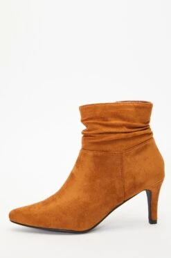 Tan Faux Suede Ruched Heeled Ankle Boots