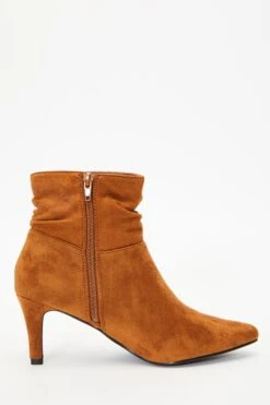 Tan Faux Suede Ruched Heeled Ankle Boots -Claasyoo Shop 00100035971 ZS