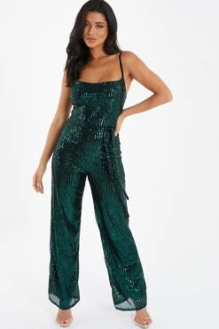 Bottle Green Sequin Cowl Neck Palazzo Jumpsuit -Claasyoo Shop 00100036010 XM