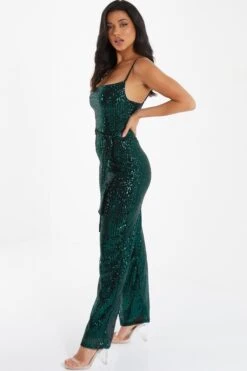 Bottle Green Sequin Cowl Neck Palazzo Jumpsuit -Claasyoo Shop 00100036010 XS