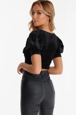 Black Velvet Glitter Polka Dot Crop Top -Claasyoo Shop 00100036034 XB