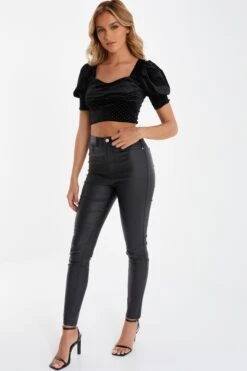 Black Velvet Glitter Polka Dot Crop Top -Claasyoo Shop 00100036034 XS