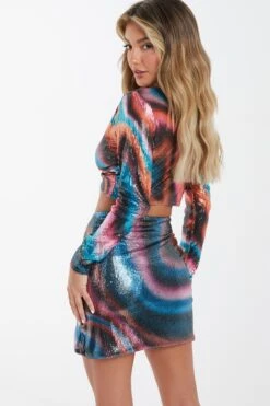 Multicoloured Sequin Marble Print Mini Skirt -Claasyoo Shop 00100036199 XB