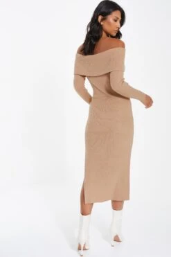 Camel Ribbed Knit Bodycon Midi Dress -Claasyoo Shop 00100036206 XB