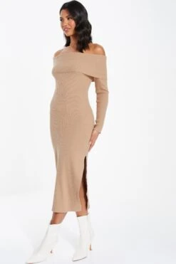 Camel Ribbed Knit Bodycon Midi Dress -Claasyoo Shop 00100036206 XS