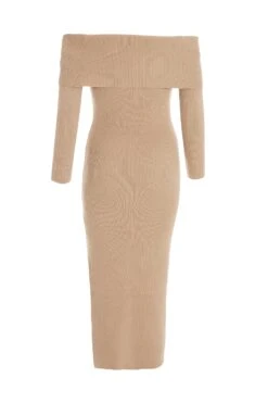 Camel Ribbed Knit Bodycon Midi Dress -Claasyoo Shop 00100036206 ZB