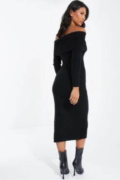 Black Ribbed Knit Bodycon Midi Dress -Claasyoo Shop 00100036207 XB