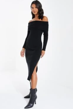 Black Ribbed Knit Bodycon Midi Dress -Claasyoo Shop 00100036207 XS