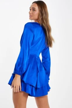 Royal Blue Satin Wrap Playsuit -Claasyoo Shop 00100036288 XB