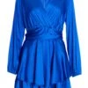 Royal Blue Satin Wrap Playsuit -Claasyoo Shop 00100036288 ZM
