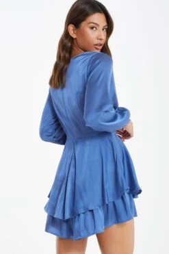 Blue Satin Wrap Playsuit -Claasyoo Shop 00100036415 XB