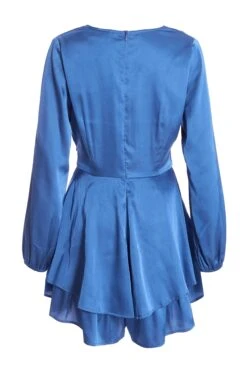 Blue Satin Wrap Playsuit -Claasyoo Shop 00100036415 ZB