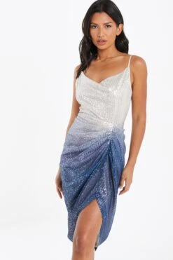 Silver Ombre Sequin Ruched Midi Dress -Claasyoo Shop 00100036416 XM