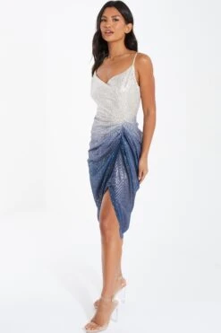 Silver Ombre Sequin Ruched Midi Dress -Claasyoo Shop 00100036416 XS