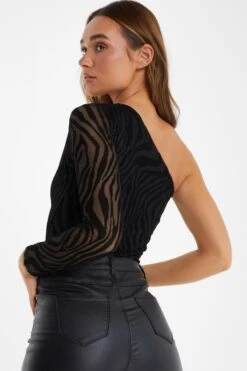 Black Zebra Print Mesh Bodysuit -Claasyoo Shop 00100036450 XB