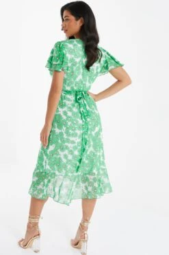 Green Chiffon Floral Wrap Midi Dress -Claasyoo Shop 00100036458 XB