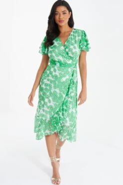 Green Chiffon Floral Wrap Midi Dress -Claasyoo Shop 00100036458 XM