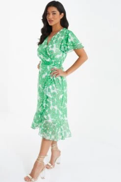 Green Chiffon Floral Wrap Midi Dress -Claasyoo Shop 00100036458 XS