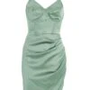Sage Satin Ruched Bodycon Mini Dress -Claasyoo Shop 00100036492 ZM
