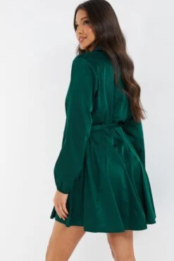 Bottle Green Diamante Shirt Mini Dress -Claasyoo Shop 00100036626 XB