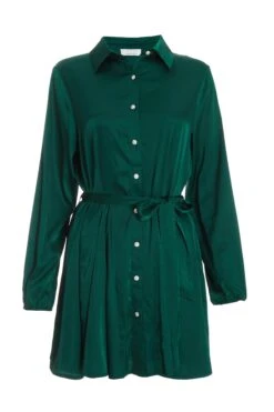 Bottle Green Diamante Shirt Mini Dress