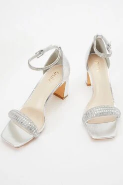 Silver Foil Diamante Heeled Sandals -Claasyoo Shop 00100036746 XS