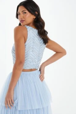 Blue Beaded Crop Top 10 Blue Beaded Crop Top -Claasyoo Shop 00100036839 XB