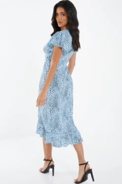 Blue Animal Print Frill Sleeve Midi Dress -Claasyoo Shop 00100036864 XB