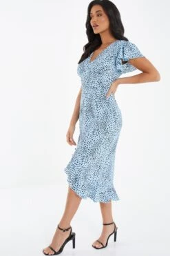 Blue Animal Print Frill Sleeve Midi Dress -Claasyoo Shop 00100036864 XS