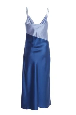 Blue Two Tone Satin Slip Midi Dress -Claasyoo Shop 00100036920 ZB