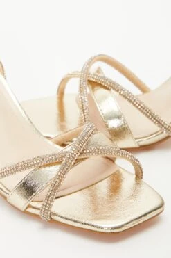 Gold Foil Diamante Block Heeled Sandals -Claasyoo Shop 00100036975 ZB