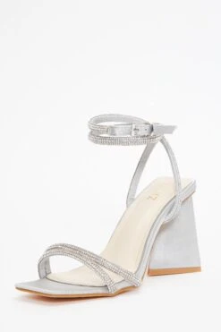 Grey Satin Diamante Triangle Heeled Sandals -Claasyoo Shop 00100036977 XB