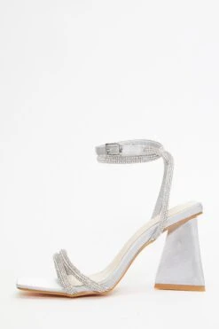 Grey Satin Diamante Triangle Heeled Sandals