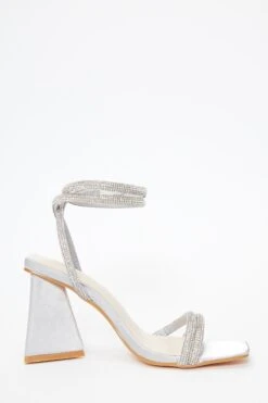 Grey Satin Diamante Triangle Heeled Sandals -Claasyoo Shop 00100036977 ZS
