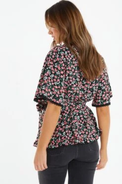 Black Floral Print Crochet Peplum Top -Claasyoo Shop 00100036992 XB