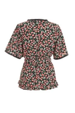 Black Floral Print Crochet Peplum Top -Claasyoo Shop 00100036992 ZB