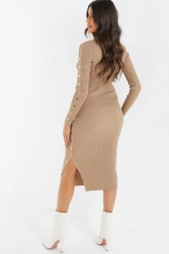 Stone Knitted Button Turtle Neck Midi Dress -Claasyoo Shop 00100036997 XB