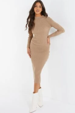 Stone Knitted Button Turtle Neck Midi Dress -Claasyoo Shop 00100036997 XS