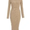 Stone Knitted Button Turtle Neck Midi Dress -Claasyoo Shop 00100036997 ZM