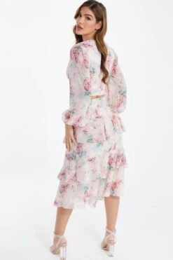 Light Pink Chiffon Floral Tiered Midi Skirt -Claasyoo Shop 00100037025 XB