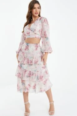 Light Pink Chiffon Floral Tiered Midi Skirt -Claasyoo Shop 00100037025 XM