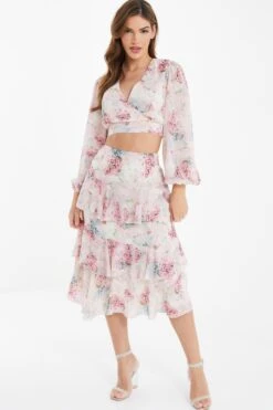Light Pink Chiffon Floral Tiered Midi Skirt -Claasyoo Shop 00100037025 XS