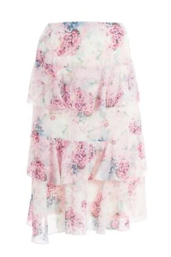 Light Pink Chiffon Floral Tiered Midi Skirt -Claasyoo Shop 00100037025 ZB