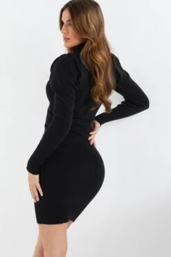Black Knitted Puff Sleeve Dress -Claasyoo Shop 00100037033 XB